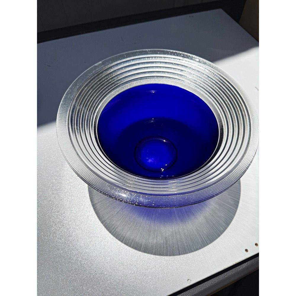 Cobalt Blue & Clear Glass Round Bowl - Clear Ribbed Rim Decorative Bowl
